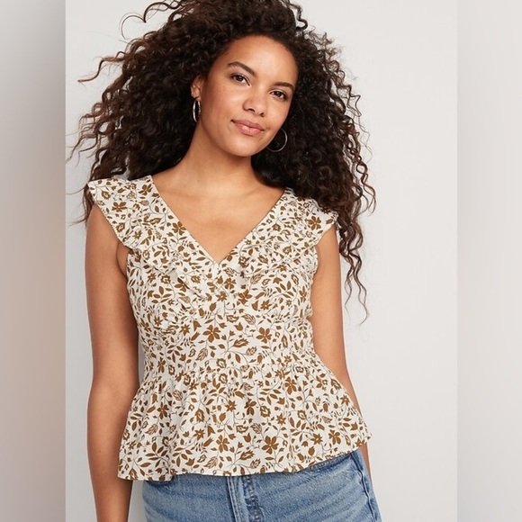 NWT! Floral Flutter Sleeve V-neck Tie-back Peplum Top - Size XL 💛 - Picture 1 of 4